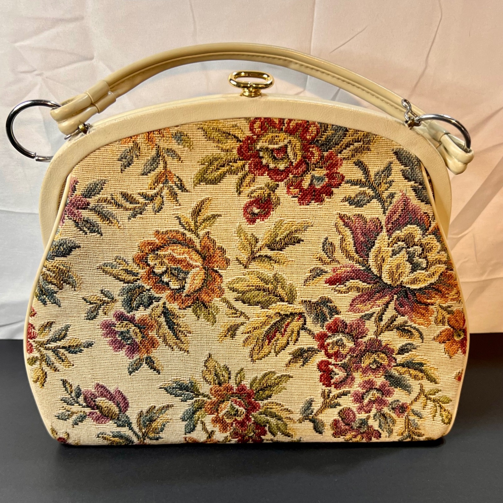 Lowry & Mund Med Tapestry Handbag Cream Good Vintage Floral Frame Bag Usa Made